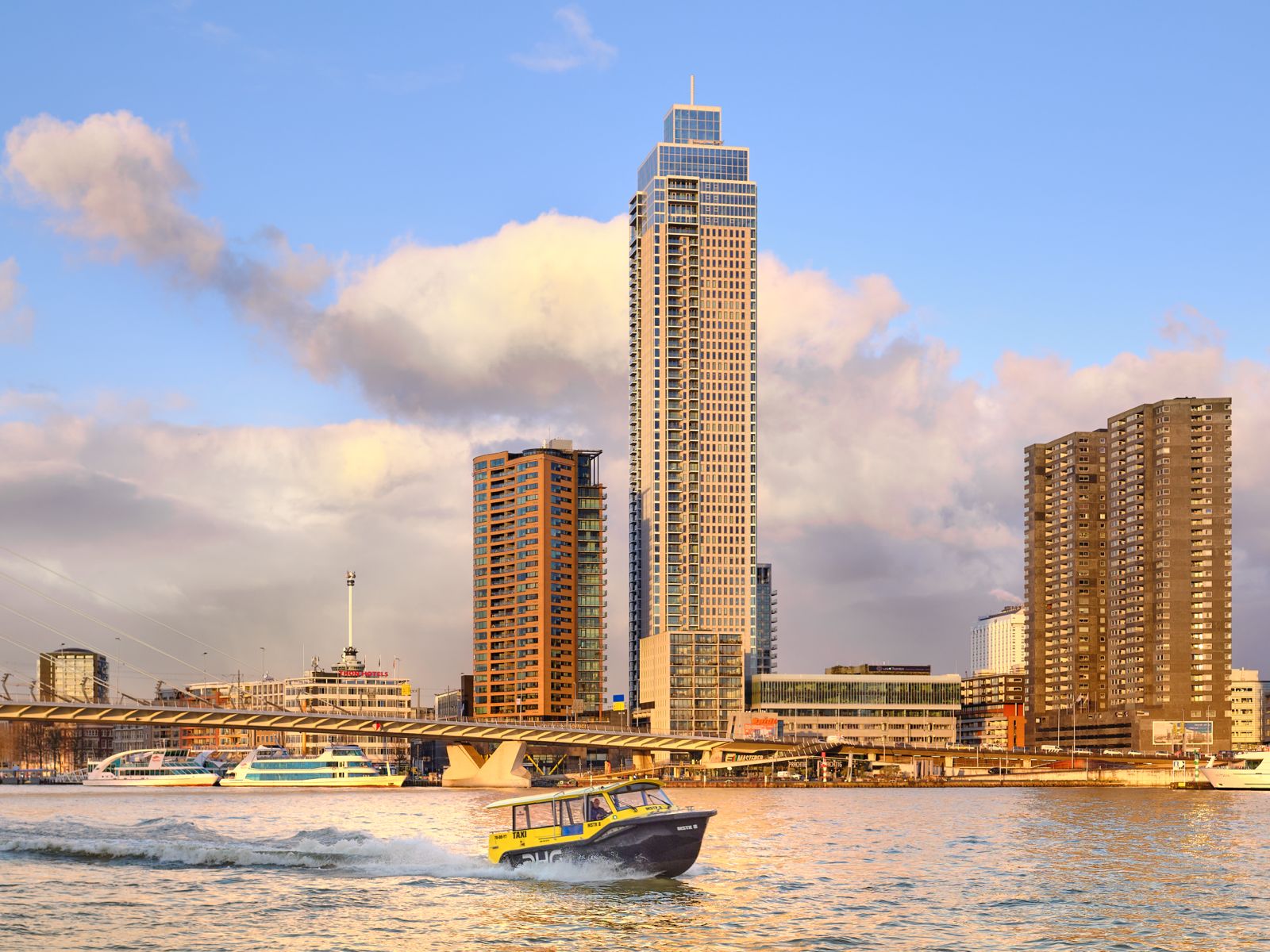 Skyline Rotterdam with small boat